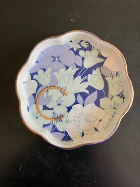 Anthropologie Floral Trinket Dish in Blue and White with Gold Rim